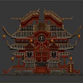 Cartoon Scenery of Traditional Chinese Building with Red Multi Layered Roofs Curved Eaves and Lanterns