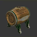 Wooden Barrel With Wooden Texture Green Metal Stands And Metal Bands