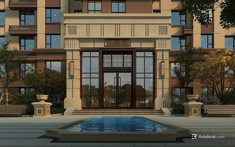 Main Entrance Of Beige Brown Building With Glass Door Front Water Pool And Symmetrical Stone Decorations 3d model 