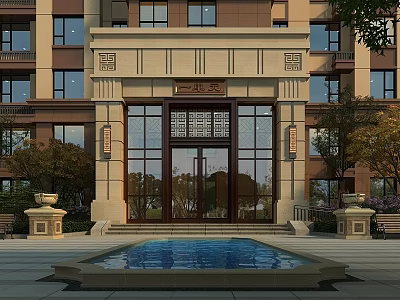 Main Entrance Of Beige Brown Building With Glass Door Front Water Pool And Symmetrical Stone Decorations 3d model