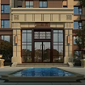 Main Entrance Of Beige Brown Building With Glass Door Front Water Pool And Symmetrical Stone Decorations
