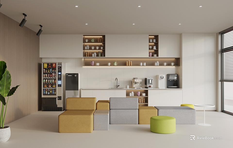 Modern Bright Pantry Interior Design With White Cabinets Shelves Countertop And Yellow Gray Green Stools 3d model 