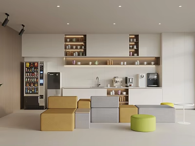 Modern Bright Pantry Interior Design With White Cabinets Shelves Countertop And Yellow Gray Green Stools 3d model