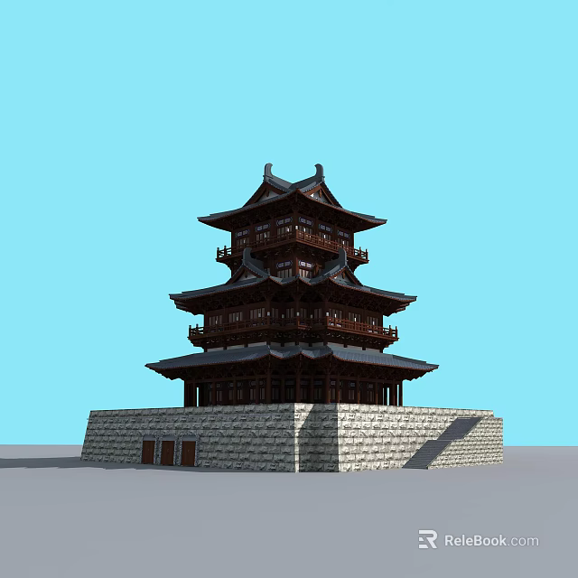 Traditional Chinese Multi Story Tower With Wooden Architecture Stone Base And Decorative Eaves 3d model 