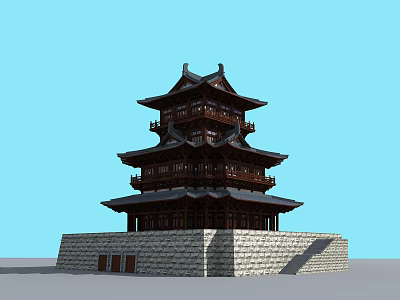 Traditional Chinese Multi Story Tower With Wooden Architecture Stone Base And Decorative Eaves 3d model