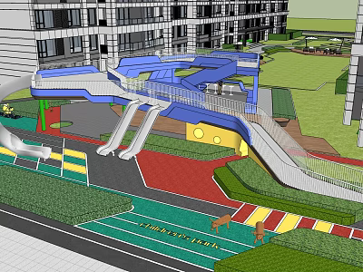 Outdoor Children's Playground With Colorful Slides Lawn Climbing Structures And Nearby Buildings 3d model