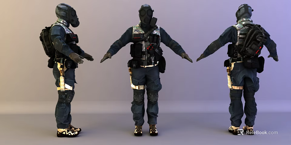 Game Movie Character In Protective Suit With Gas Mask Tactical Gear Three Quarter Views 3d model 