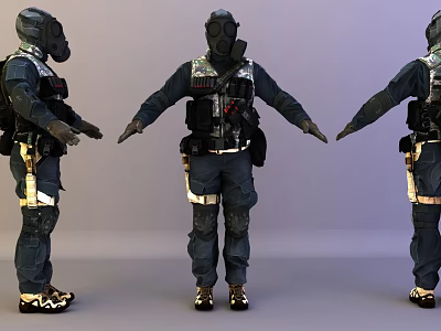 Game Movie Character In Protective Suit With Gas Mask Tactical Gear Three Quarter Views 3d model