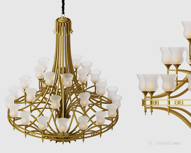 Ornate Golden Chandelier With Intricate Frame And Multiple White Lampshades 3d model 