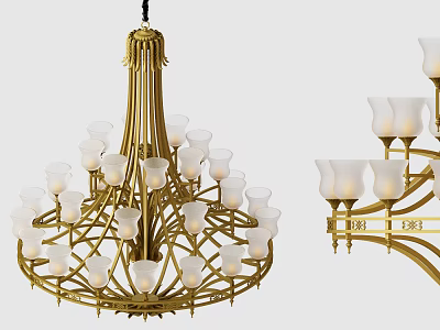 Ornate Golden Chandelier With Intricate Frame And Multiple White Lampshades 3d model