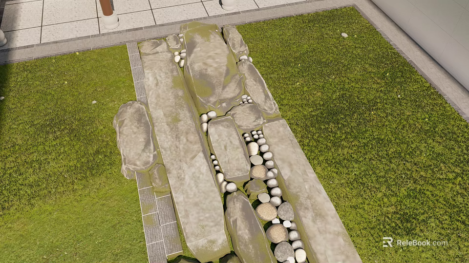 Natural Stone Arrangement With Grass Area Stone Slab Path And Pebbles 3d model 