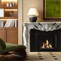 White Carved Fireplace with Burning Fire Beside Green Armchair Wooden Bookshelf and Green Painting