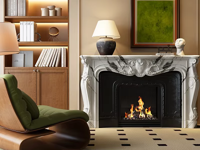 White Carved Fireplace with Burning Fire Beside Green Armchair Wooden Bookshelf and Green Painting 3d model