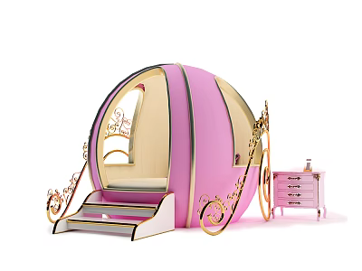 Pink Pumpkin Carriage Shaped Children's Bed With Golden Decorations And Side Cabinet 3d model