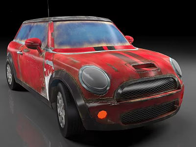 Red Old Small Car Featuring Worn Exterior Vintage Front Grille And Round Headlights 3d model