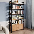 Modern Minimalist Bookcase With Multi Tiered Shelves Books Decorative Items Blue Wall And Gray Curtains