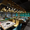 Elegant Restaurant Interior With Wooden Ceiling Green Plant Decor And Colorful Furniture