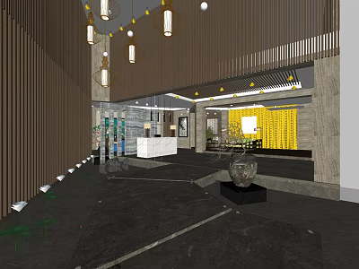 Modern Hotel Lobby Design With Chandeliers Reception Desk Seating Area And Stone Floor Design 3d model