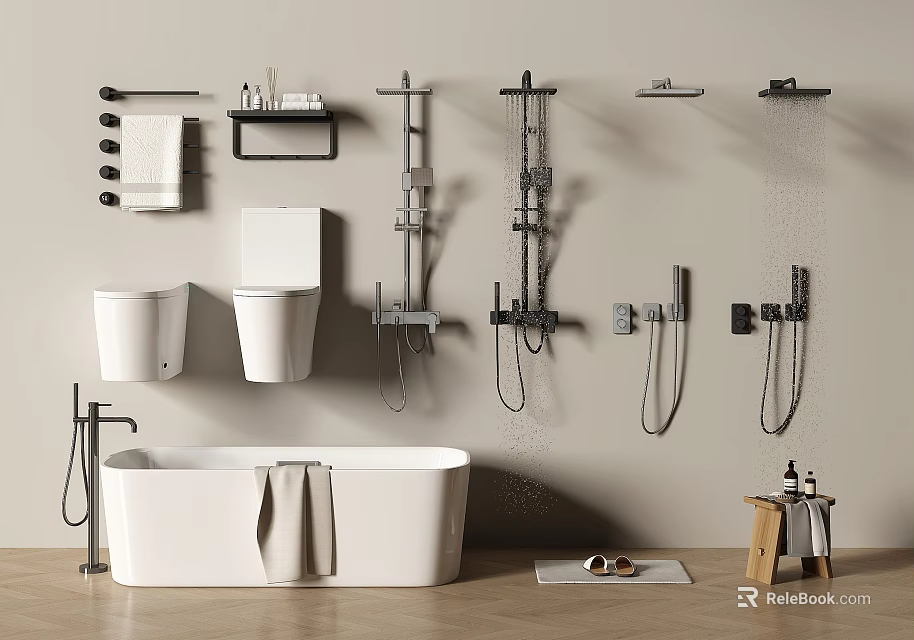 Modern Bathroom Shower Heads And Fixtures Including Bathtub Toilet And Towel Rack 3d model 