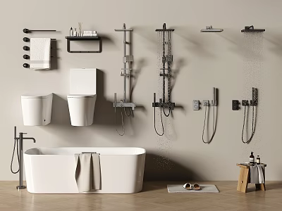 Modern Bathroom Shower Heads And Fixtures Including Bathtub Toilet And Towel Rack 3d model