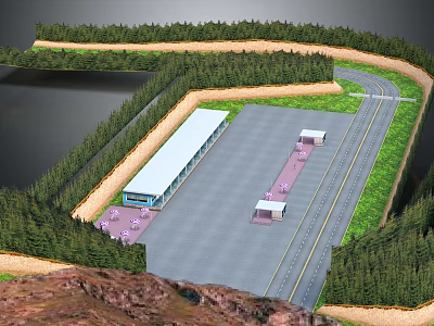 Vehicles Parked In Service Area Parking Lot With Road Surrounded By Green Trees 3d model