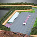 Vehicles Parked In Service Area Parking Lot With Road Surrounded By Green Trees