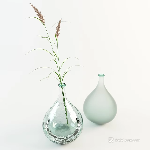 Transparent Textured Vase with Tall Grass and Light Green Frosted Vase on White Background 3d model 