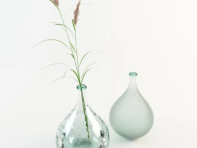 Transparent Textured Vase with Tall Grass and Light Green Frosted Vase on White Background 3d model