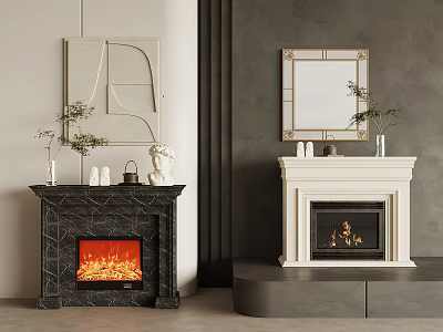 Stylish Fireplaces In Black Marble And White With Flames Plants And Mirrors 3d model