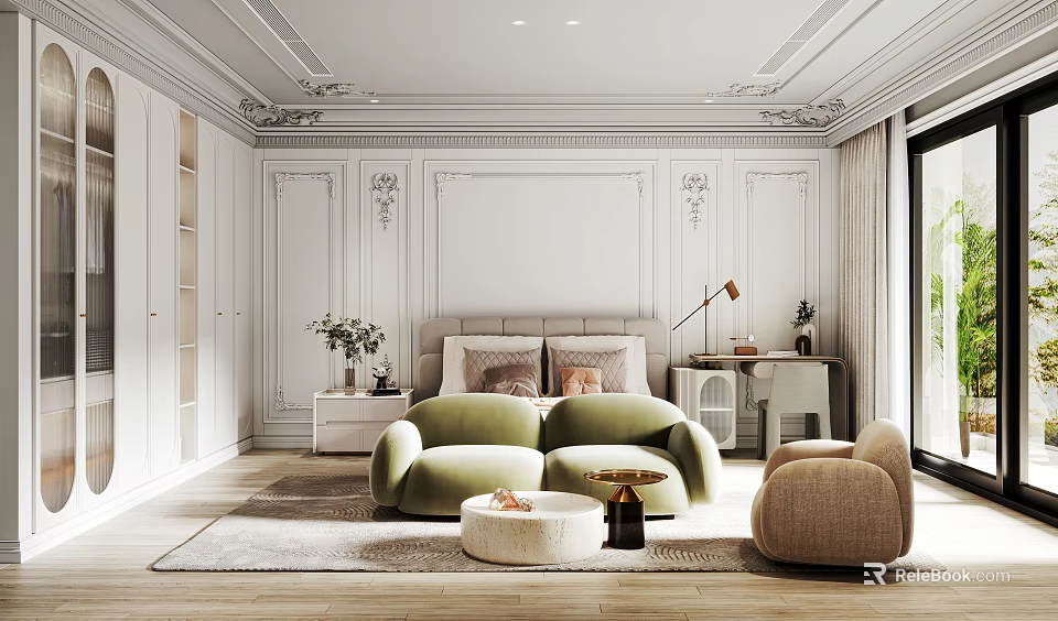 Elegant Bedroom Interior With Decorative Wall Moldings Green Sofa Chair Beige Armchair And Table Lamp 3d model 