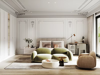 Elegant Bedroom Interior With Decorative Wall Moldings Green Sofa Chair Beige Armchair And Table Lamp 3d model