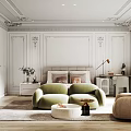 Elegant Bedroom Interior With Decorative Wall Moldings Green Sofa Chair Beige Armchair And Table Lamp