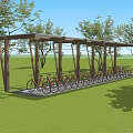 Outdoor Bicycle Shelter With Metal Frame For Bike Parking Surrounded By Green Trees And Grass