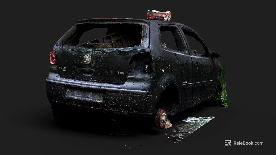 Old Abandoned Black Car with Red Roof Light Broken Windows Damaged Body and Overgrown Plants 3d model 
