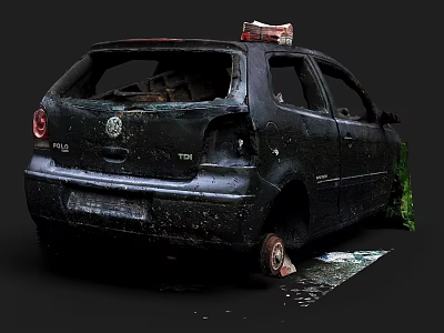 Old Abandoned Black Car with Red Roof Light Broken Windows Damaged Body and Overgrown Plants 3d model