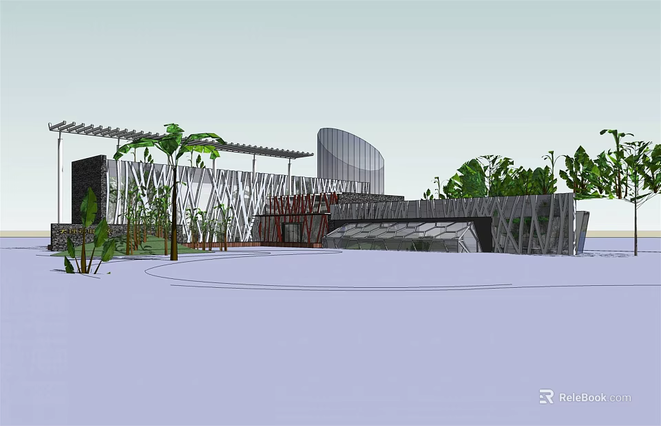 Modern Sales Office Building With Glass Facade Palm Trees And Open Structure 3d model 