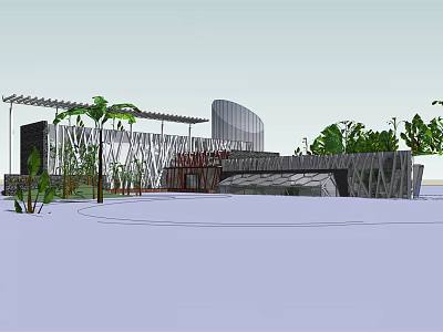 Modern Sales Office Building With Glass Facade Palm Trees And Open Structure 3d model