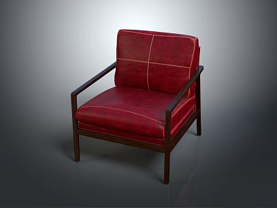Stylish Red Leather Armchair with Wooden Armrests and Legs for Living Room 3d model