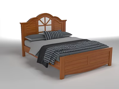 Wooden Double Bed with Arch Headboard Glass Panels Gray Pillows and Checkered Blanket 3d model
