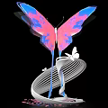 Butterfly Shaped Art Installation With Transparent Blue Pink Wings And White Spiral Base