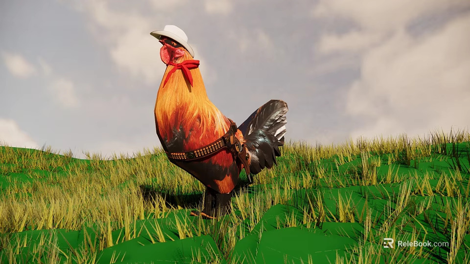 Rooster Wearing White Hat And Red Bow Tie On Green Grass With Sky Background 3d model 