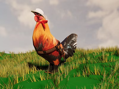 Rooster Wearing White Hat And Red Bow Tie On Green Grass With Sky Background 3d model