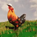 Rooster Wearing White Hat And Red Bow Tie On Green Grass With Sky Background