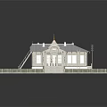 European style Wooden Architecture with White Roof Spire Decorations Wooden Stairs Fence and Railway Track
