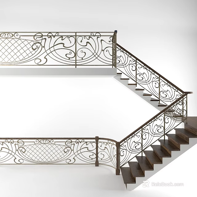 Elegant Staircase With Intricate Wrought Iron Railing And Dark Wooden Steps 3d model 