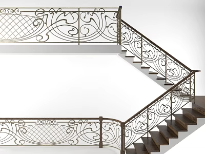 Elegant Staircase With Intricate Wrought Iron Railing And Dark Wooden Steps 3d model