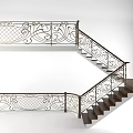Elegant Staircase With Intricate Wrought Iron Railing And Dark Wooden Steps
