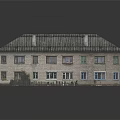 Cartoon Style 3D Brick Building Scene With Gray Roof Chimneys Windows And Base Reflection