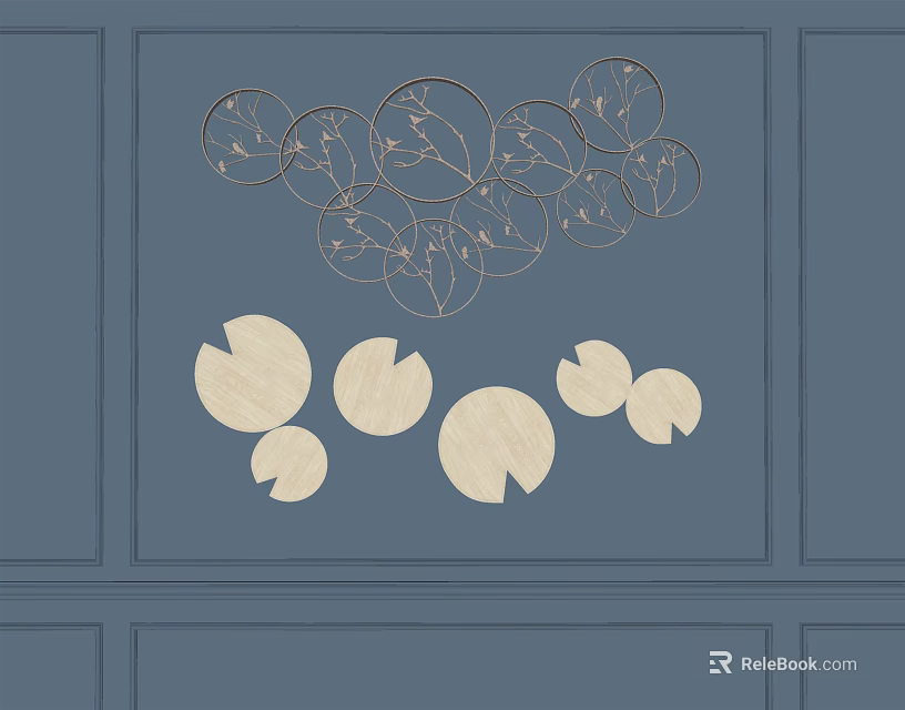 Blue Wall Decor With Gold Circular Openwork Leaf Patterns And Cream Semi Circular Cutout Designs 3d model