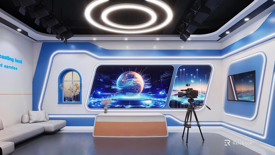 Modern Studio Interior With Blue White Decor Large Display Screens Showing Earth And Starry Sky 3d model 